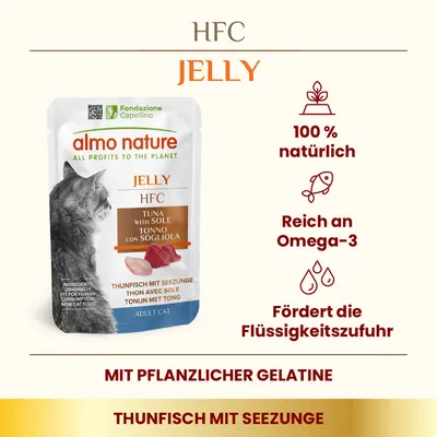 almo nature HFC Jelly Thon avec sole pour chat adulte, 100 % naturel, riche en oméga-3, favorise l’hydratation, avec gélatine végétale. Texte en allemand et anglais.