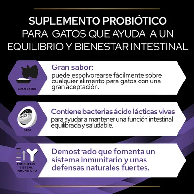 Suplemento probiótico para gatos: gran sabor, contiene bacterias ácido lácticas vivas y fomenta el sistema inmunitario y defensas naturales fuertes. Texto en español.
