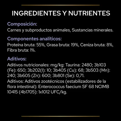 Ingredientes y nutrientes: carnes y subproductos animales, sustancias minerales. Proteína bruta 55 %, grasa bruta 19 %, ceniza bruta 8 %, fibra bruta 1 %. Aditivos nutricionales detallados.