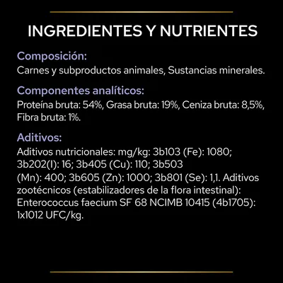 Ingredientes: carnes y subproductos animales, sustancias minerales. Proteína bruta 54 %, grasa 19 %, ceniza 8,5 %, fibra 1 %. Aditivos nutricionales y zootécnicos detallados por mg/kg.