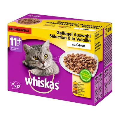 whiskas 11+ év, Geflügel Auswahl in Gelee, baromfiválogatás zselében, 12 x 85 g, macska képe, tál étel, német és francia szöveg a csomagoláson