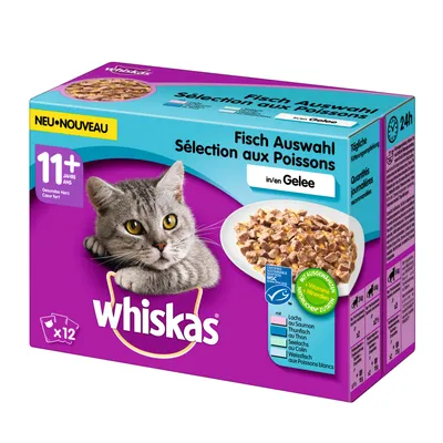 Whiskas 11+ Fisch Auswahl in Gelee macskatáplálék, 12 tasakos csomag, halas válogatás idősebb macskáknak. Látható márkanév, termékkép és adagolási információk németül/franciául.