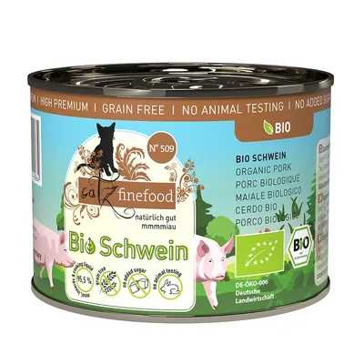 Lattina catz finefood Bio Schwein N°509, maiale biologico, 95,5 % carne e liquido, senza cereali, zuccheri aggiunti o test sugli animali. Certificato bio DE-ÖKO-006. Testo in più lingue.