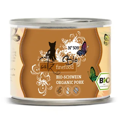 catz finefood N°509 Bio-SCHWEIN ORGANIC PORK -kissanruokapurkki, ruskea etiketti, perhoskuvioita, Bio-merkintä, näkyvissä saksankielistä ja englanninkielistä tekstiä