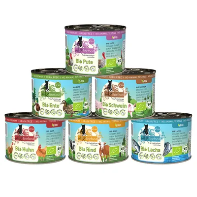 Catz Finefood Bio-влажный корм для кошек: био индейка, био утка, био свинина, био курица, био говядина, био лосось. Без зерна, без тестирования на животных, био-сертифицирован.