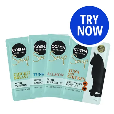 Cosma Pure Love Soup pouches: chicken breast with pumpkin, tuna with carrots, salmon with courgettes, tuna and chicken with sweet potatoes. Grain free recipe. Try now.