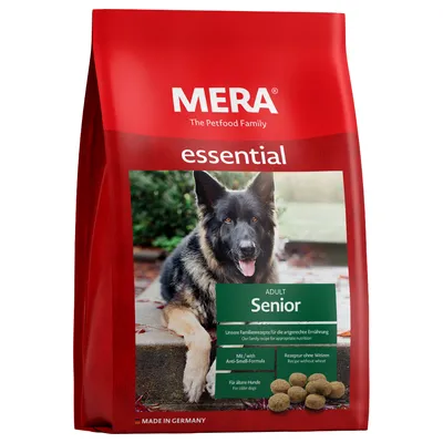MERA essential Adult Senior. Familieresept til passende ernæring, Anti-Smell-Formula, opskrift uden hvede, til ældre hunde. Made in Germany.