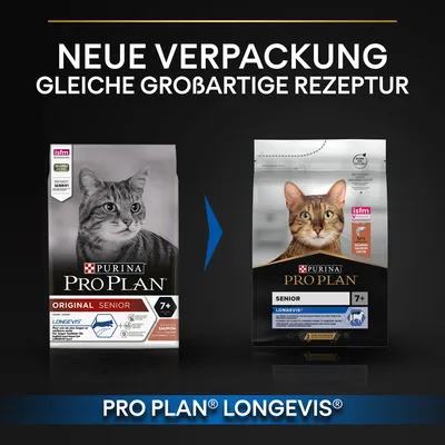 Neue Verpackung, gleiche grossartige Rezeptur. Purina Pro Plan Senior 7+ mit Longevis für Katzen, Original Senior und neue Verpackung mit Lachs als Hauptzutat.