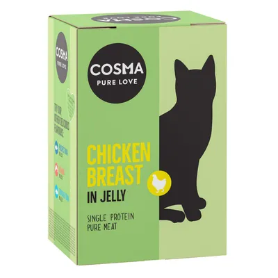 Cosma Pure Love kycklingbröst i gelé, single protein, rent kött. Förpackning med kattsilhuett och hönssymbol.