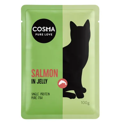 Cosma Pure Love, salmon in jelly, single protein, pure fish, 100g. Packaging with green background and black cat silhouette.