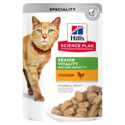 Hill's Science Plan Senior Vitality Mature Adult 7+ Chicken, bocconcini in salsa per gatti anziani, confezione con immagine di crocchette e testo visibile sul fronte.