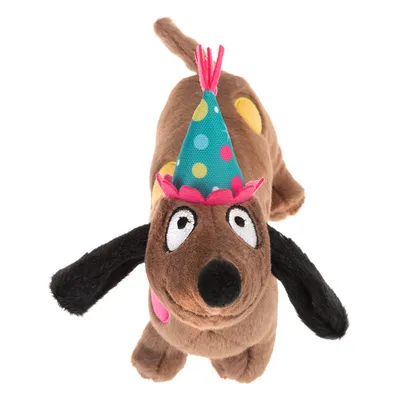 Brown plush toy in the shape of a dog with party hat, colourful dots and black ears.
