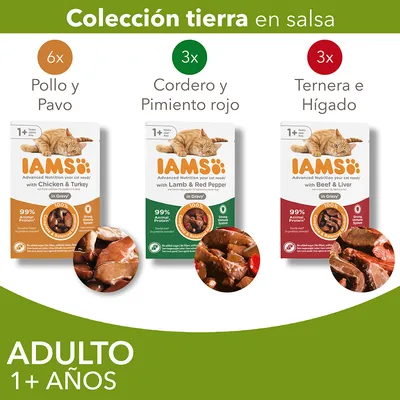 IAMS Colección tierra en salsa para gatos adultos 1+ años: 6x Pollo y Pavo, 3x Cordero y Pimiento rojo, 3x Ternera e Hígado. 99% proteína animal, sin azúcares añadidos.