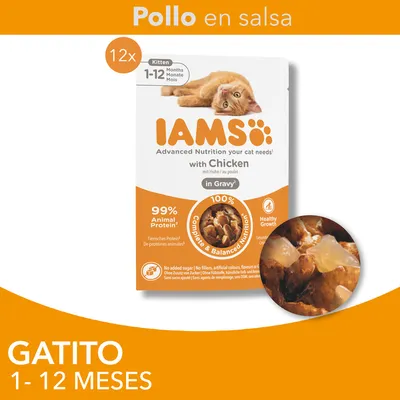 IAMS Pollo en salsa para gatito 1–12 meses, pack de 12. 99% proteína animal, 100% nutrición completa y equilibrada, sin azúcares añadidos. Imagen del producto y comida en salsa.