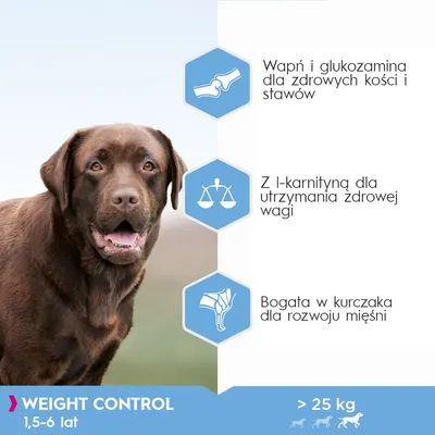 Wapń i glukozamina dla zdrowych kości i stawów, L-karnityna dla utrzymania wagi, bogata w kurczaka dla mięśni. Weight Control 1,5–6 lat, powyżej 25 kg.