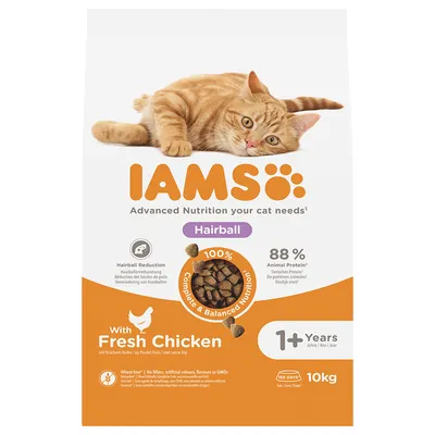 IAMS Hairball dry food with fresh chicken, for cats aged 1 year and over. Claims: hairball reduction, 88% animal protein, wheat free, no fillers or artificial additives. 10kg pack.