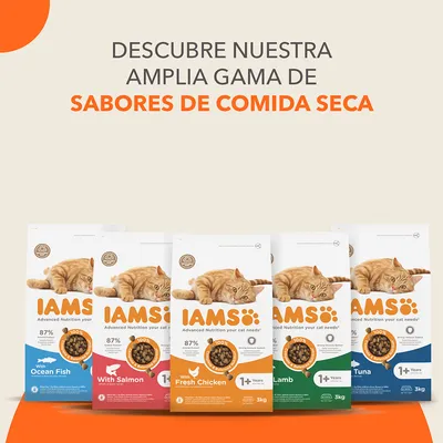 Descubre nuestra amplia gama de sabores de comida seca. IAMS para gatos: Ocean Fish, Salmon, Fresh Chicken, Lamb y Tuna, 3 kg, 1+ años. Imagen de los envases con gato naranja.