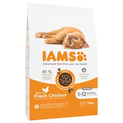 Dry food for kittens, rich in fresh chicken, 91% animal protein, wheat free, no fillers or artificial additives, suitable for 1-12 months, 10kg bag, complete and balanced nutrition.