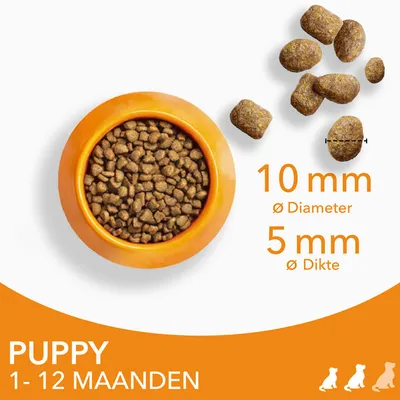 Puppy droogvoer, brokjes in oranje bak. Tekst: 10 mm diameter, 5 mm dikte. Voor puppy’s van 1–12 maanden.