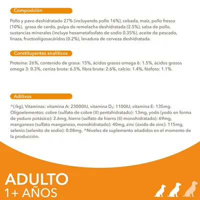 Composición: pollo y pavo deshidratado 27 %, cebada, maíz, pollo fresco 10 %, grasa de cerdo, pulpa de remolacha, salsa de pollo, minerales. Adulto 1+ años. Constituyentes analíticos y aditivos visibles.