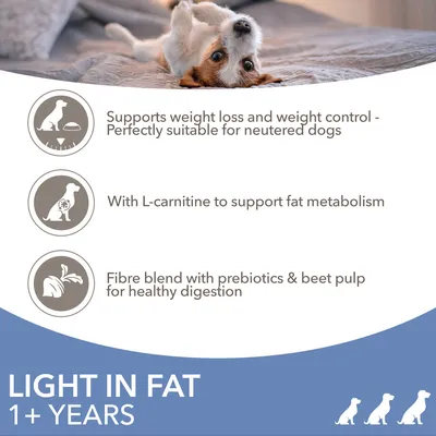 Supports weight loss and control, suitable for neutered dogs. Contains L-carnitine for fat metabolism. Fibre blend with prebiotics and beet pulp for digestion. Light in fat, 1+ years.