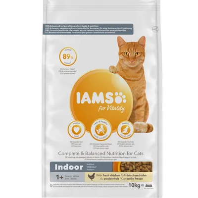 IAMS for Vitality Indoor kissanruoka, 10 kg. 89 % eläinproteiinia. Tuoretta kanaa. Sopii yli 1-vuotiaille sisäkissoille. Näkyvissä sydän-, kehon kunto- ja virtsateiden symbolit.