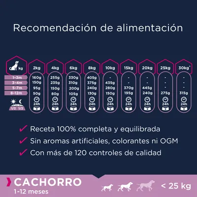 Recomendación de alimentación para cachorro 1–12 meses y menos de 25 kg. Tabla por peso y edad. Receta 100% completa, sin aromas artificiales, colorantes ni OGM, más de 120 controles de calidad.