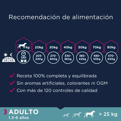 Recomendación de alimentación para perros adultos >25 kg: 20 kg 205–230 g, 30 kg 270–300 g, 40 kg 330–365 g, 50 kg 385–425 g, 70 kg 480–535 g, 90 kg 570–630 g. Receta completa y equilibrada.
