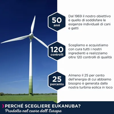 Perché scegliere Eukanuba: 50 anni di esperienza, oltre 120 controlli qualità sugli ingredienti, almeno 25% dell’energia prodotta da turbina eolica in loco. Prodotto nel cuore dell’Europa.
