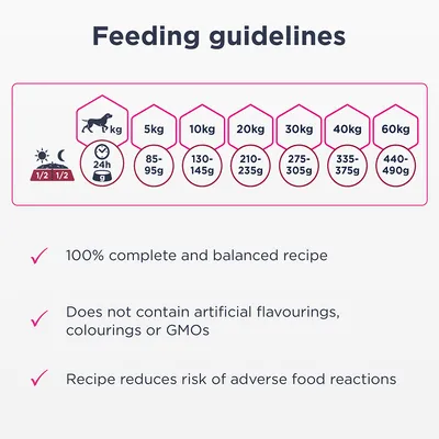 Utfodringsråd per hundvikt: 5 kg 85–95 g, 10 kg 130–145 g, 20 kg 210–235 g, 30 kg 275–305 g, 40 kg 335–375 g, 60 kg 440–490 g per dag. Text på engelska om recept och ingredienser.