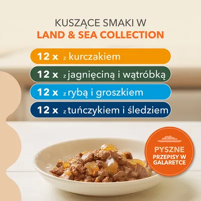 Land & Sea Collection: 12 x z kurczakiem, 12 x z jagnięciną i wątróbką, 12 x z rybą i groszkiem, 12 x z tuńczykiem i śledziem. Pyszne przepisy w galaretce.