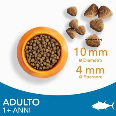 Crocchette per adulti 1+ anni, diametro 10 mm, spessore 4 mm, ciotola arancione con crocchette e illustrazione di pesce.