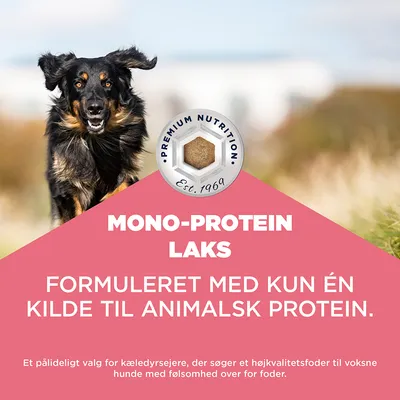 Mono-Protein Laks. Formuleret med kun én kilde til animalsk protein. Premium Nutrition Est. 1969. Mono-Protein Laks. Formuleret med kun én kilde til animalsk protein. Premium Nutrition Est. 1969.