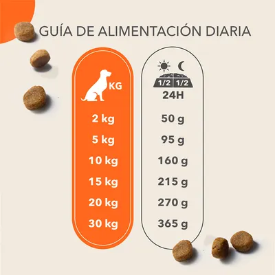 Guía de alimentación diaria para perros: 2 kg 50 g, 5 kg 95 g, 10 kg 160 g, 15 kg 215 g, 20 kg 270 g, 30 kg 365 g. Repartir en dos tomas al día.