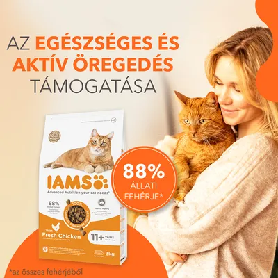 IAMS macskaeledel csomag, 88% állati fehérje, 11+ éves macskáknak, friss csirkével. Szöveg: Az egészséges és aktív öregedés támogatása.