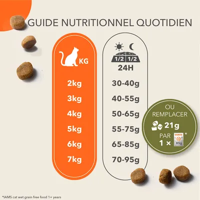 Guide nutritionnel quotidien pour chats : 2 kg 30–40 g, 3 kg 40–55 g, 4 kg 50–65 g, 5 kg 55–75 g, 6 kg 65–85 g, 7 kg 70–95 g. Remplacer 21 g par 1 sachet IAMS 85 g.