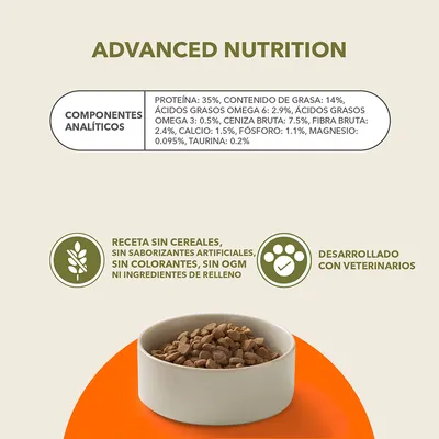 Composición: proteína 35 %, grasa 14 %, omega 6: 2,9 %, omega 3: 0,5 %, ceniza bruta 7,5 %, fibra 2,4 %, calcio 1,5 %, fósforo 1,1 %, magnesio 0,095 %, taurina 0,2 %. Sin cereales ni colorantes.