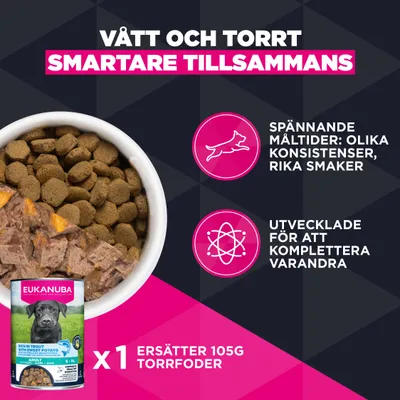 Eukanuba våtfoderburk ersätter 105 g torrfoder. Olika konsistenser och smaker, utvecklade som komplement. Produktbild med torr- och våtfoder. Eukanuba våtfoderburk ersätter 105 g torrfoder. Olika konsistenser och smaker, utvecklade som komplement. Produktbild med torr- och våtfoder.