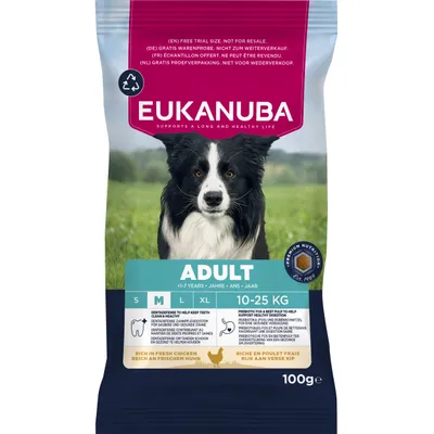 EUKANUBA Adult, muestra gratuita, 10–25 kg, sistema de cuidado dental Dentadefense, prebióticos y pulpa de remolacha, rico en pollo fresco, 100 g EUKANUBA Adult, muestra gratuita, 10–25 kg, sistema de cuidado dental Dentadefense, prebióticos y pulpa de remolacha, rico en pollo fresco, 100 g