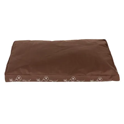 Brązowa poduszka dla psa z tkaniny, na brzegu widoczne białe kontury psów różnych ras. Bez widocznych marek ani dodatkowego tekstu.