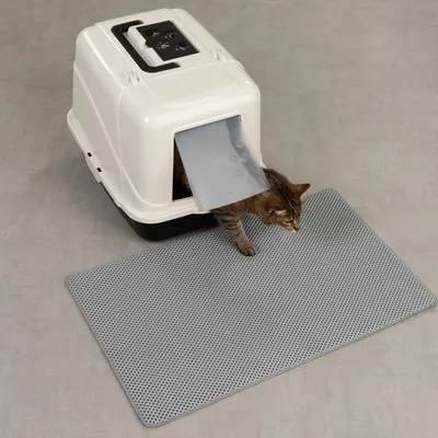 Kattenbak met grijze kunststof deur, kat stapt naar buiten op een rechthoekige grijze mat met structuurpatroon. Beide producten volledig zichtbaar.
