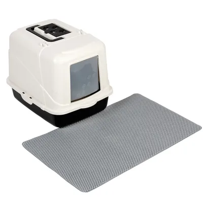 Kattenbak met deksel, transparant klapdeurtje met pootafdrukken en handvat bovenop, inclusief grijze kattenbakmat van kunststof.