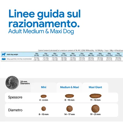 Razioni consigliate per adult medium & maxi dog: quantità giornaliere in base al peso, dimensioni delle crocchette e diametro indicate per mini, medium & maxi giant.