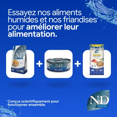 N&D Ocean croquettes, nourriture humide thon & saumon et crème adulte. Développé scientifiquement pour une nutrition optimale. N&D Ocean croquettes, nourriture humide thon & saumon et crème adulte. Développé scientifiquement pour une nutrition optimale.