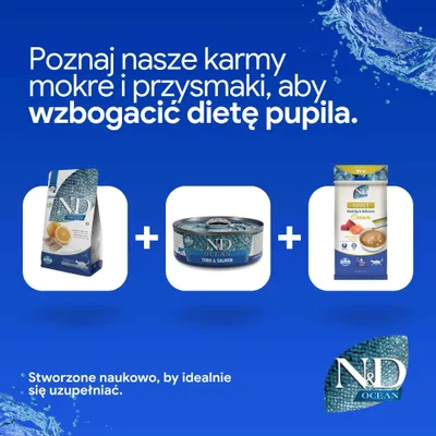 ND Ocean karma sucha, karma mokra tuńczyk i łosoś oraz Adult Cream na zdjęciu. Opracowane naukowo w celu optymalnej suplementacji żywienia.