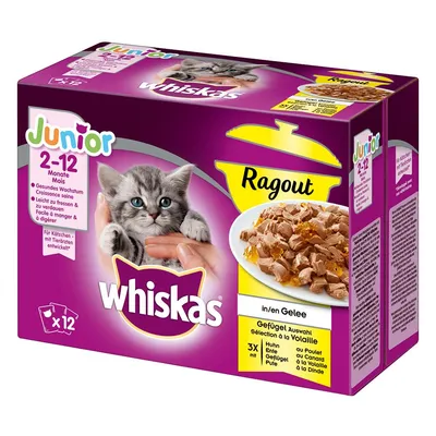 Whiskas Junior ragú v želé, výber hydiny pre mačky od 2 do 12 mesiacov. Balenie s 12 porciami. Vyvinuté pre zdravý rast a ľahké trávenie.