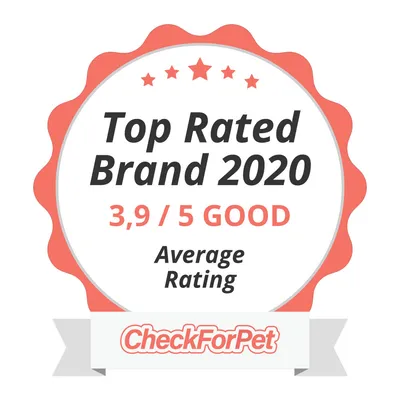 Top Rated Brand 2020, 3,9 / 5 GOOD, Average Rating, CheckForPet. Текстът е на английски език.