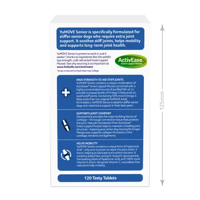 YuMOVE Senior para perros mayores, 120 tabletas. Texto en inglés sobre beneficios: ayuda a las articulaciones rígidas, confort articular y movilidad. Marca ActivEase Green Lipped Mussel visible.