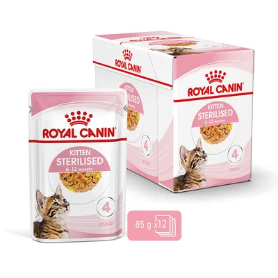 Royal Canin Kitten Sterilised 6–12 months, verpakking met 12 zakjes van 85 g. Afbeelding van kitten en voer zichtbaar op doos en zakje. Stage 4 staat vermeld.