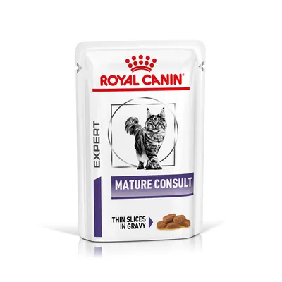 Royal Canin Expert Mature Consult, dünne Scheiben in Sosse. Verpackung mit Katzenabbildung.